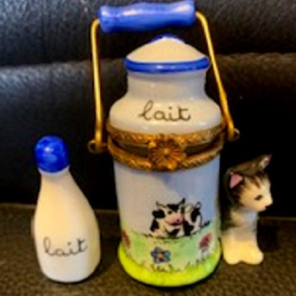 Limoges Porcelain Box Cat Cow Milk Jug & Bottle - Picture 6 of 7